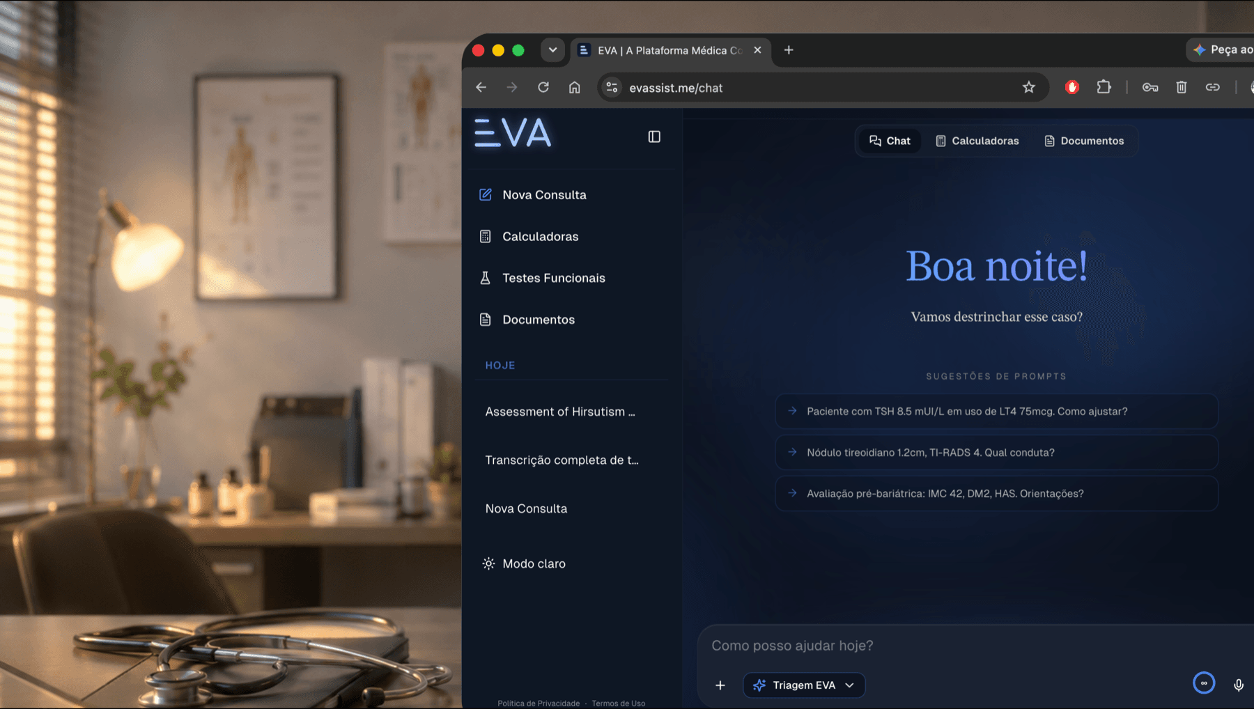 Tela da EVA aberta no assistente clínico, com sugestões de perguntas sobre casos reais